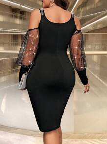 SHEIN Allurite Váy hở vai lưới lấp lánh gợi cảm cỡ lớn cho mùa thu - màu đen - Xem 2