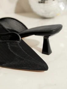 SHUZIA Women Everday Casual Sexy Black Mesh Kitten Heeled Mule Sandals