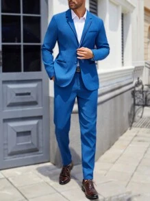 Manfinity Mode 2 件套男士纯色单排扣长袖西装外套和裤子套装，男士纯色简约日常长袖西装套装，蓝色西装套装 - 藍色 - 查看 3