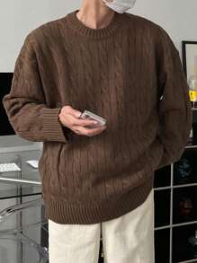 DAZY Men's Solid Color Round Neck Drop Shoulder Long Sleeve Casual Sweater, Autumn - Brown - View 1