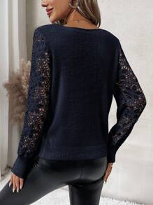 SHEIN Clasi Women's Autumn Casual Solid Color Hollow-Out Knitted Patchwork Sweater - Navy Blue - View 2