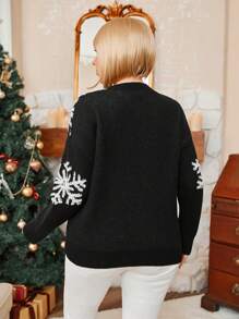 Plus Size Women Deer Print Long Sleeve Casual Pullover Sweater, Christmas Winter - Black and White - View 2