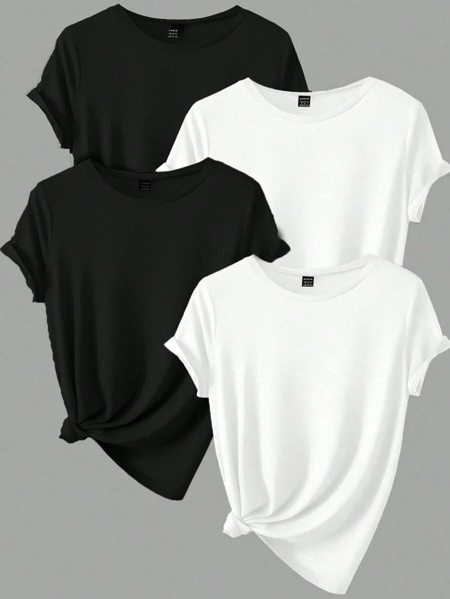 INAWLY 4 件女式休闲纯色圆领宽松短袖 T 恤，夏季基本款 T 恤 - 彩色 - 查看 1