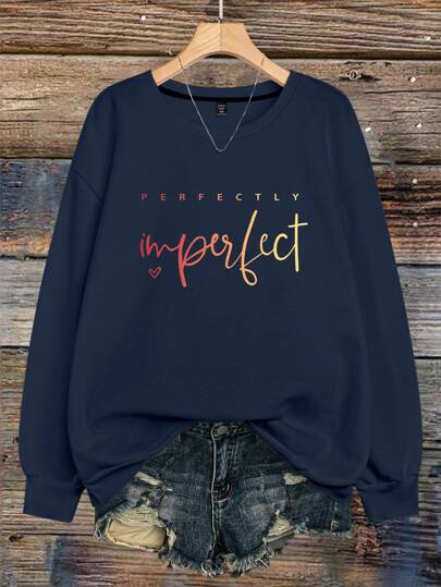 Flirla 大码女式标语“完美不完美”字母印花圆领卫衣，毕业季、教师节、返校季套头衫，秋冬季