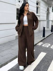 Muchica 2pcs Plus Size Women's Solid Color Button-Front Long Sleeve Blouse And Pants Set - Rust Brown - View 4
