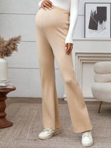 SHEIN Maternity Solid Color Button Rib Knit Casual Pants