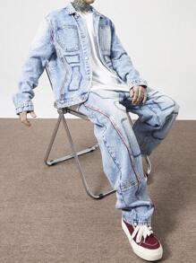 Manfinity EMRG Bộ 2 áo sơ mi nam cài nút phía trước nhiều túi và quần jeans thường ngày - Rửa nhẹ - Xem 6