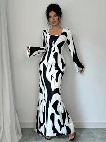 Chiquease Calvaya Urban Chic 动物印花喇叭袖口圆领长袖收腰连衣裙，适合女士，秋冬/适合日常/短款舞会礼服/女士非洲连衣裙/绷带连衣裙/商务休闲/秋季、万圣节、返校节、返校 - 黑與白 - 查看 4