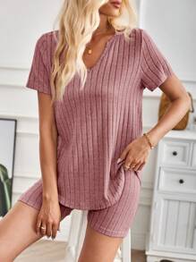 SHEIN LUNE 2 件女式纯色罗纹缺口领 T 恤和自行车短裤套装，夏季 - 粉色 - 查看 5