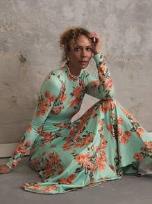 SHEIN Unity Vestido elegante de manga larga con estampado floral y dobladillo con volantes para mujeres