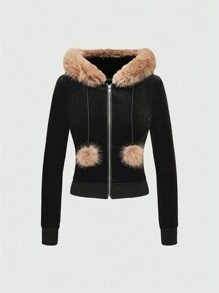ROMWE Grunge Punk Set de 2 piezas compuesto por top con cremallera y capucha de terciopelo con parches y pantalones acampanados con cordón de mujer
