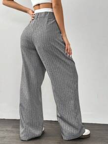 SHEIN EZwear Grey Woven Women's Striped Wide-Leg Pants - Grey - View 2