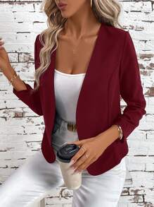 SHEIN Clasi Women's Elegant Pleated Long Sleeve Cardigan Black Jacket In Fall/Winter - Burgundy - View 5