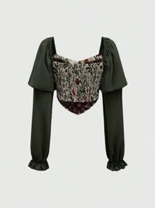 ROMWE Fairycore Blusa floreale in jacquard patchwork da donna con stile retrò di palazzo - Verde - Visualizzare 3