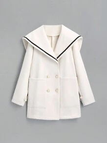 Sweetra Áo khoác cổ xanh navy, hai hàng khuy, mùa thu và đông - Màu be - Xem 1