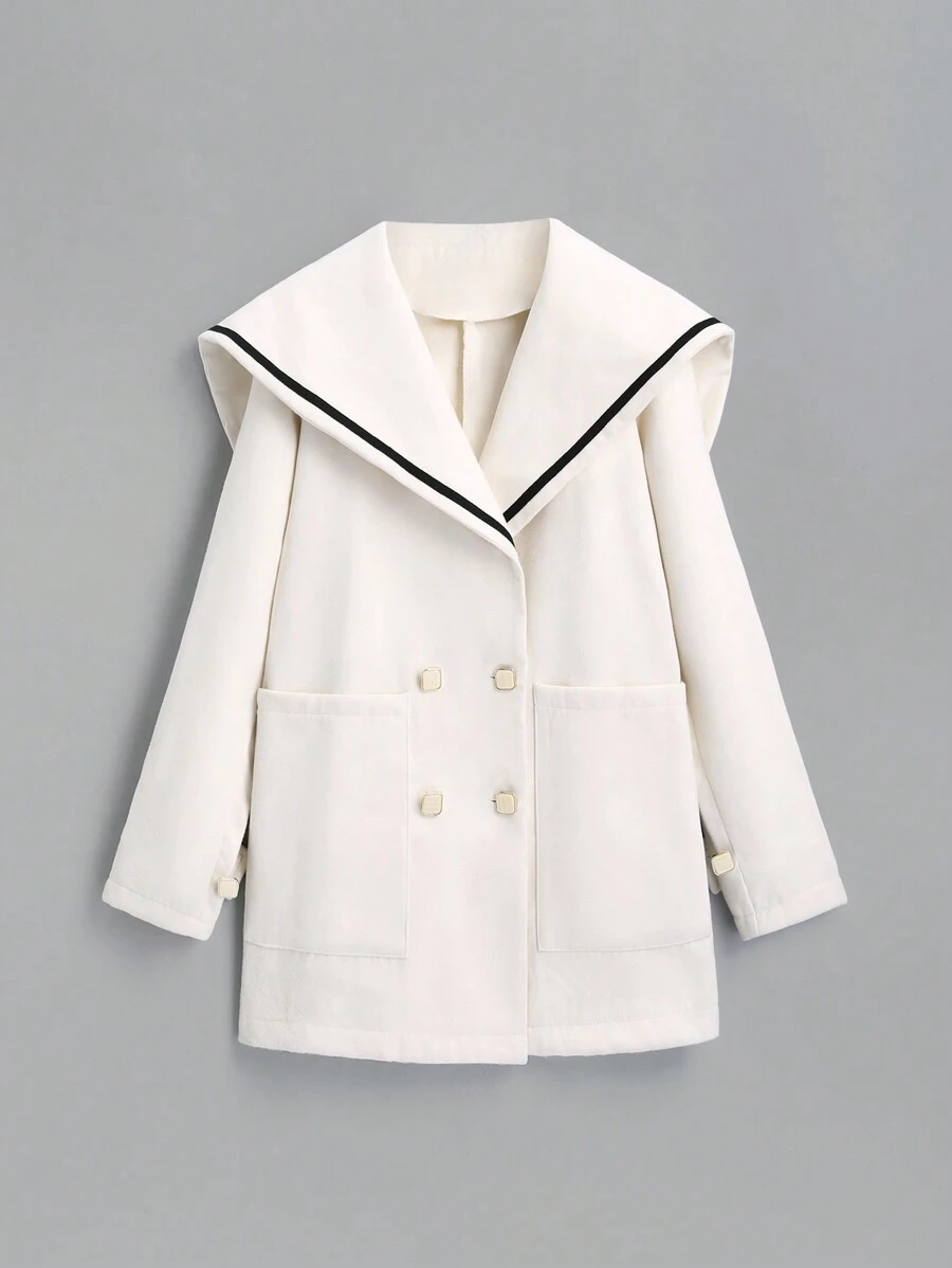 Sweetra Áo khoác cổ xanh navy, hai hàng khuy, mùa thu và đông - Màu be - Xem 1