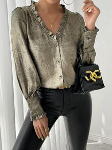 Chiquease Women's Slim Fit Flounced Hem Foil Printed Blouse Fall Cloth For Women - Bronze - View 5