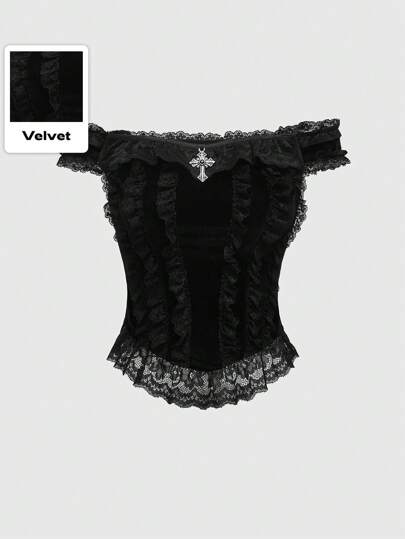 Gothic Palace Style Cross Decoration Lace Trim Velvet Off Shoulder Women Top