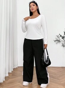 SHEIN EZwear 2pcs Plus Size Women's Round Neck Long Sleeve Black & Multicolor T-Shirt Sets, Spring & Summer - Multicolor - View 5