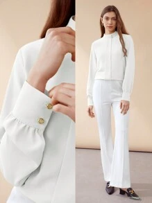 MOTF PREMIUM SOLID MOCK NECK LANTERN SLEEVE BLOUSE - White - View 8