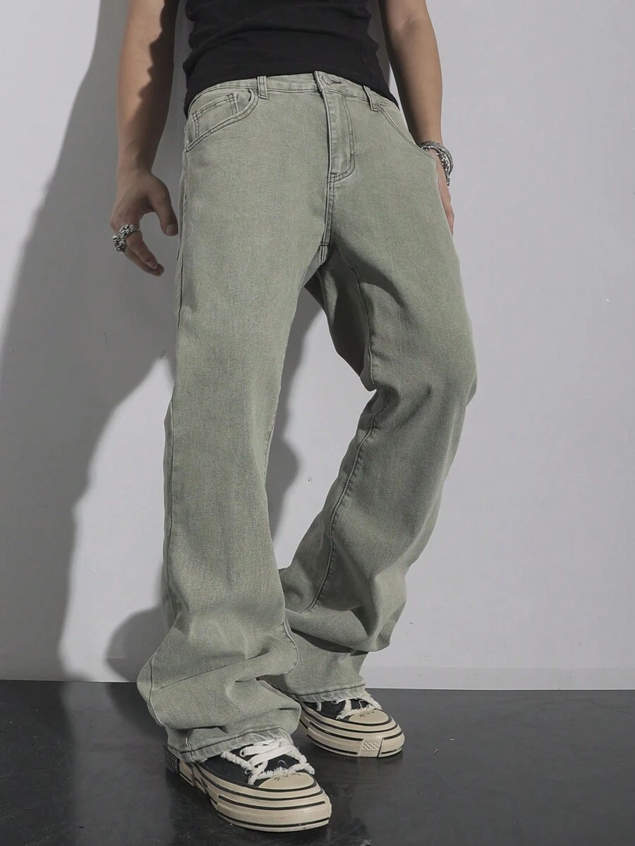 Manfinity EMRG Men's Casual Straight Leg Washed Denim Jeans - Green - View 1