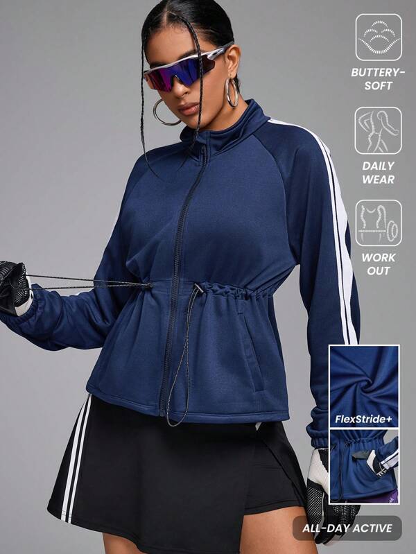 Innovista Women Loose Fit Adjustable Waist Cinching Contrasting Ribbon Stand Collar Sports Jacket,Zip Up Woman Jacket,Fall Woman Outfits,Women Jackets,Short Jacket,Outdoor Jacket,Run,Blue Jacket,Outdoor,Tracksuit,Camping,Knitting Jacket,Winter Women Jacket,Winter Women Clothes