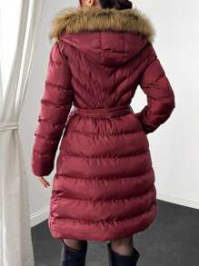 EURMUSE FUZZY TRIM BELTED HOODED WINTER COAT - Rose Red - View 2