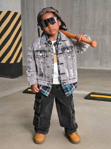 SHEIN Explorewe Young Boys Denim Jacket New Casual Fashion Distressed Washed Denim Jacket - Grey - View 1