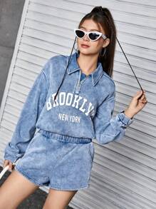 SHEIN Explorewe 2 件套青少年女孩图案印花套头连帽衫运动衫和牛仔短裤休闲街头服饰套装 - 中等水洗藍 - 查看 5