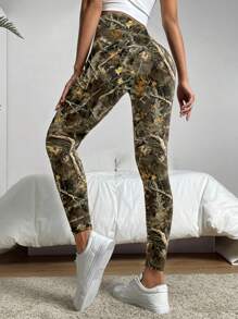 SHEIN EZwear 休闲简约秋季裸枝印花针织女式紧身裤，适合秋冬季