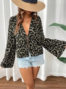 SHEIN VCAY 女士休闲宽松 V 领长袖豹纹衬衫 - 彩色 - 查看 5