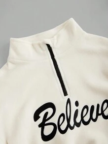 Tween Girls' High Collar Cinched Waist Letter Embroidered Plush Fleece Casual Loose Sweatshirt - White - View 3