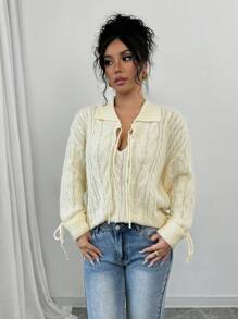 Chiquease Casual Solid Color Drop Shoulder Sweater For Autumn And Winter Knit Pullover Fall Outfit - Apricot - View 5