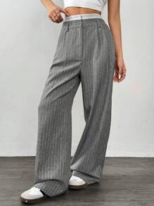 SHEIN EZwear Grey Woven Women's Striped Wide-Leg Pants - Grey - View 5