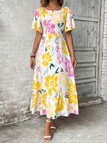 Breezaya Women's French Style Floral Print Ruffle Sleeve Round Neck Dress Maxi Vacation Beach Outfit - Multicolor - View 5