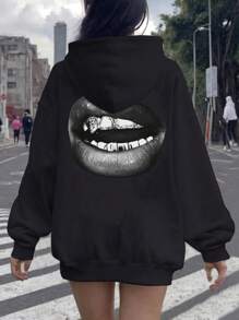 Muchica 女士休闲简约唇印图案宽松连帽卫衣，秋冬款 - 黑色 - 查看 1