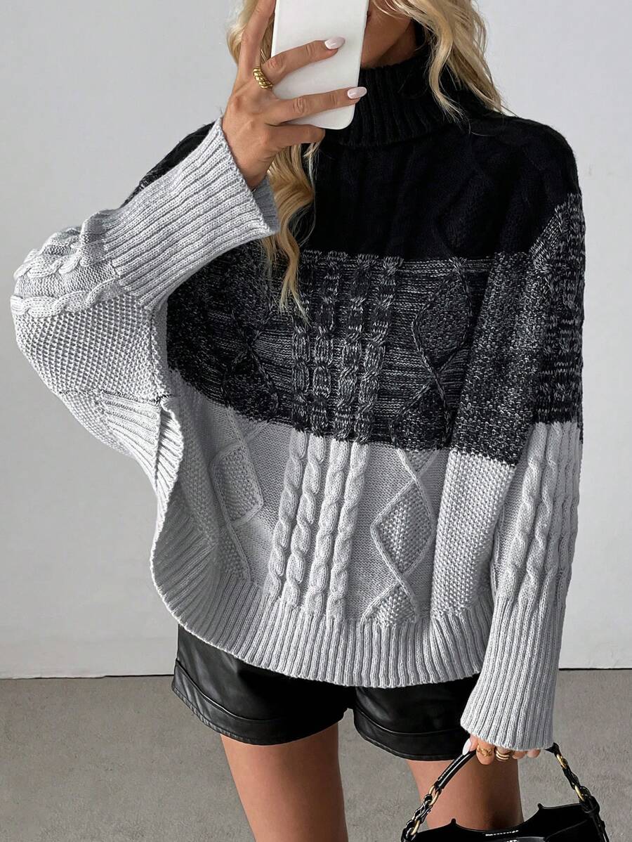 SHEIN Unity 新款高领麻花针织蝙蝠袖宽松优雅女式毛衣,秋冬针织套头衫 - 彩色 - 查看 1