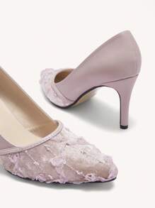 CUCCOO CHICEST 法式蕾丝细高跟尖头女式性感高跟鞋 - 粉色 - 查看 4