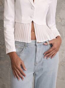 SHEIN Unity Women's Solid Color Stand Collar Long Sleeve Patchwork Pleated Hem Blazer Jacket, Spring & Autumn - White - View 6