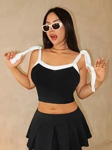 Zolique Contrast Color Patchwork Wide Strap Tie-Up Casual Knit Blouse - Black - View 1