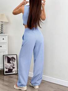 SHEIN EZwear Ladies' Linen Simple Stripe Print Tube Top And Long Pants Two Pieces Set In Fall/Winter - Blue and White - View 2