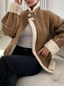 Dazy-Less Top-Stitching Drop Shoulder Teddy Lined Suedette Jacket,Ladies Winter Casual Pocket,Zipper Drop Shoulder Oversized Camel Plain Women Jackets,Winter Warmth/ Winter Fashion,Thermal Lined