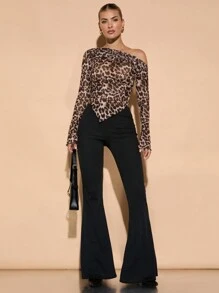 SHEIN BAE Women Leopard Print Off-The-Shoulder Top With Pleated Hem And Asymmetrical Hem - Coffee Brown - View 3