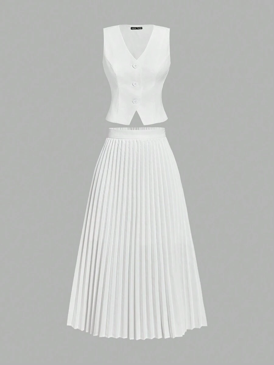 SHEIN MOD 女士白色西装外套套装：白色西装背心和白色西装外套裙 - 白色 - 查看 1