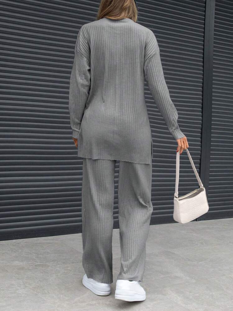 EURMUSE 100% Cotton 2pcs Women Plain Crew Neck Split Hem Long Sleeve Top And Pants Casual Set - Grey - View 2