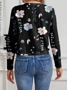 SHEIN Clasi Chaqueta ligera con cuello redondo de manga larga y estampado floral elegante casual para mujer, adecuada para otoño e invierno - Negro - Ver 2