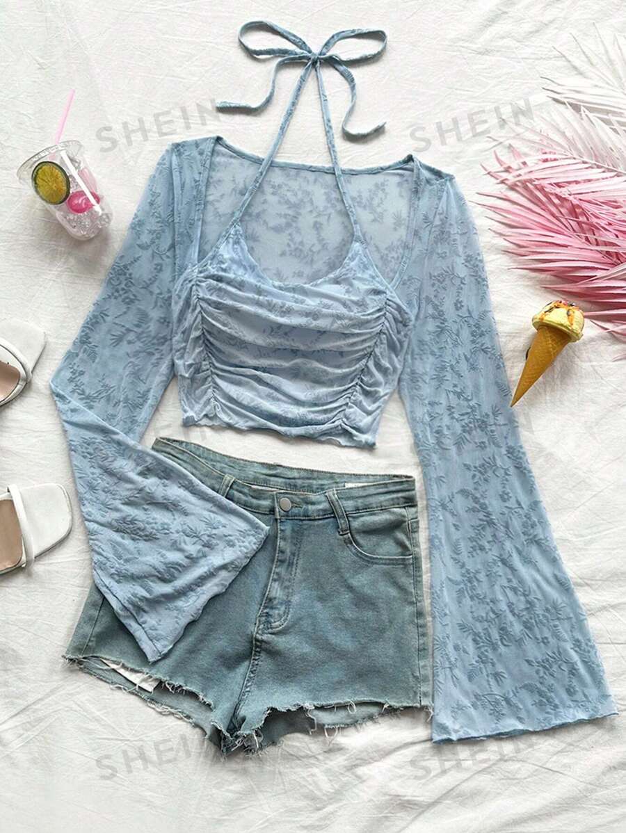 Soleia Blusa de manga larga con hombros descubiertos, azul, de punto con flocado, campana, para mujer talla grande, vacaciones, graduación, regreso a la escuela