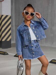 SHEIN 2 件女童牛仔翻领长袖夹克和百褶裙套装 - 中等水洗藍 - 查看 4