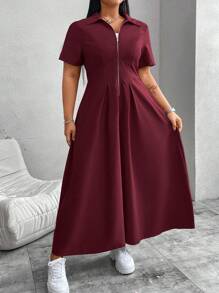 Flirla Vestido minimalista de manga corta con bolsillo y cremallera frontal en unicolor burdeos para mujer de talla grande - Burdeos - Ver 6