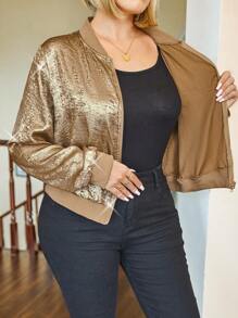 Plus Size Solid Color Front Zip Long Sleeve Simple Jacket, Casual Daily Wear For New Year Holiday Party Clothes - Gold - View 6